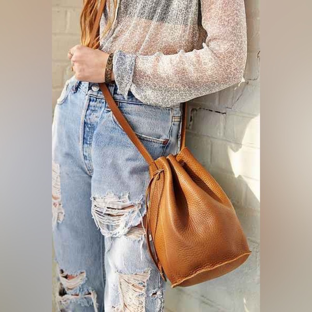 Vintage Natural Milled Leather Baggu Drawstring Bucket Bag